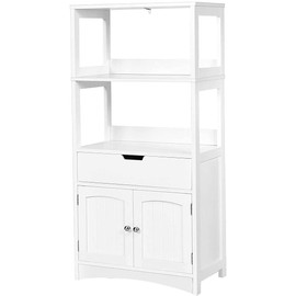 LDAILY Storage Cabinet, 24" L x 13" W x 48" H Floor Cabinet with 2 Shelves, 1 Drawer and a 2-Door Base Cupboard, Microwave Cart with Storage Cabinet for Kitchen, Bathroom, Home Office (White)