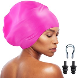 Coume Extra Large Swim Cap for Braids and Dreadlocks Waterproof Silicone Swimming Caps for Women Long Hair with Ear Plug and Nose Clip Suitable for Women Men Weaves Extensions Braids Curls(Rose Red)