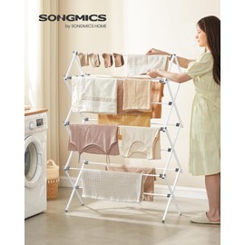 SONGMICS Foldable Clothes Drying Rack, Laundry Drying Rack, Clothes Airer, Steel Frame, 14.6 x 36.6 x 53.2 Inches, Easy Assembly, Indoor Outdoor Use, Pearl White ULLR771W01