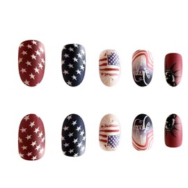 Satr Press on Nail Amlond Independence Day Press Nail Medium 4th July Fake Nail Blue Red Acrylic Nail-Nail Art Decoration Supplies for Women Girls Sticker on Nail with Glue Acrylic False Nail Kits