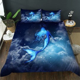 CVHOUSE Mermaid Duvet Cover King Size,Sky Cloud Mermaid Bedding Set for Girls Kids Teens,Mermaid Comforter Cover,1 Duvet Cover 2 Pillowcases 3 Piece