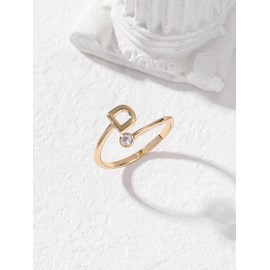 Initial Letter Ring for Women girlsGold A-Z Letter Ring Stainless Steel Adjustable Opening Ring Dainty Inlaid Crystal Jewelry Stocking Stuffers (Gold-D)