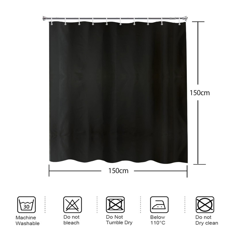 YISURE Shower Curtain 150 x 150 cm, Black Textile Polyester,