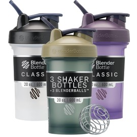 BlenderBottle Classic V2 - Botella coctelera perfecta para batidos de proteínas y pre entrenamiento, 20 onzas (paquete de 3), negro, bronceado/azul, morado