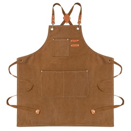 Chef Apron for Men Women, Cotton Canvas Cross Back Apron Water Resistant Adjustable Work Aprons with Pockets for Restaurant Coffee House Home Kitchen Gardening Brown