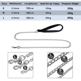 Dog Lead Chain 1.8m Chew Proof Metal Dog Leash 4ft 6ft No Bite Lead for Puppies Small Medium - Padded Comfy Handle
