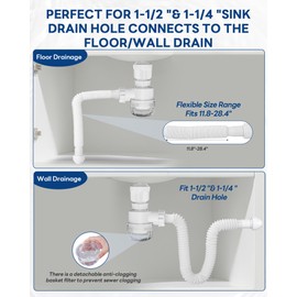 BOTEMY Polished Bathroom Sink Drain Kit with Flexible Sink Drain Pipe -No Tool Installation,11.8-28.4" Anti-Odor Expandable Sink P-Trap,1.25"-1.5" Pop Up Stopper &Strainer Hair Catcher(with Overflow)