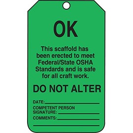Accuform TSS103CTM PF-Cardstock Scaffold Status Tag, Legend "OK This Scaffold HAS Been ERECTED to Meet", 5.75" Length x 3.25" Width x 0.010" Thickness, Black on Green (Pack of 5)
