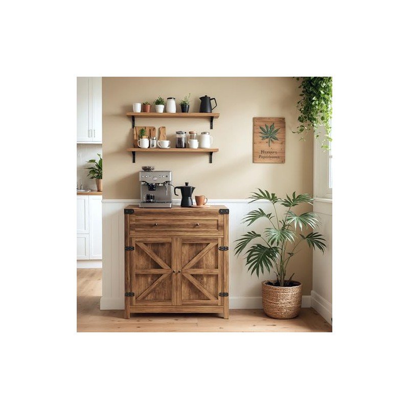 YESHOMY Coffee Bar and Accent Cabinet, Farmhouse Barn Door Buffet