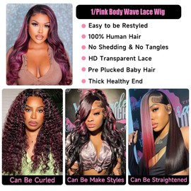 KeaBalo Ombre Lace Front Wig Human Hair Skunk Stripe Human Hair Wigs 13x4 Hd Lace Frontal Body Wave Highlight Pink Human Hair Wig Pink and Black Colored Wigs Human Hair 180% Density 30 Inch
