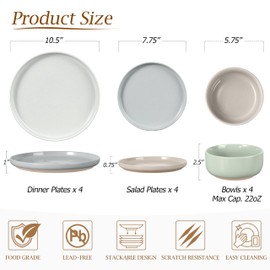 LIANYU 12 Piece Ceramic Dinnerware Set, Stoneware Dinner Dish Set for 4, Kitchen Modern Dishware Plates and Bowls, Scratch Resistant, Assorted Colors