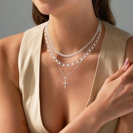 VIROMY Silver Cross Necklaces for Women 14K Silver Zircon Cross Pendant Necklace Charm Choker Stackable Chain Delicate Everyday Jewellery Gifts for Her