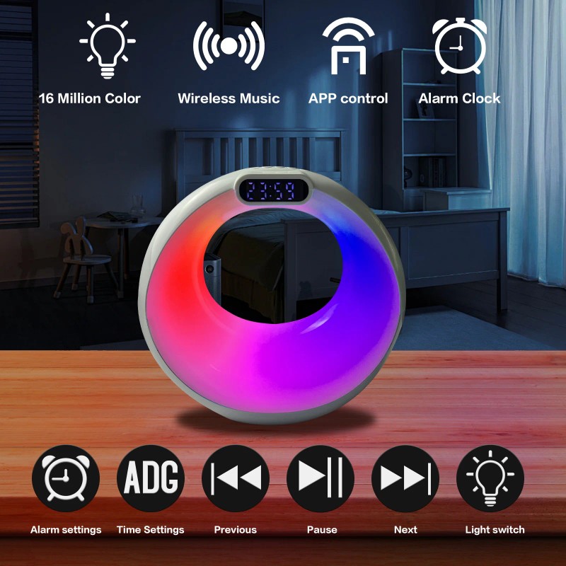 Wireless Speaker Bedside Night Light Digital Alarm Clock Smart APP