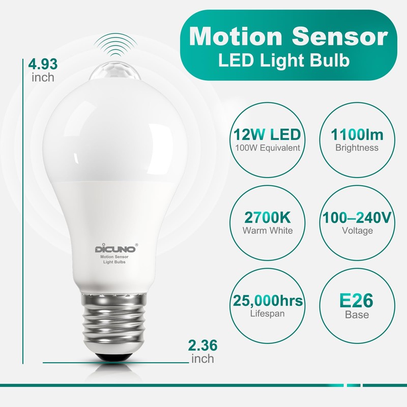 DiCUNO PIR Motion Sensor Light Bulbs, 12W (100W Equivalent) E26