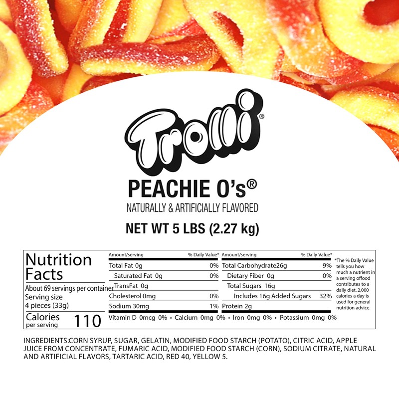 Trolli Trolli Peachie O's Sour Gummy Rings Candy, 5 Pound