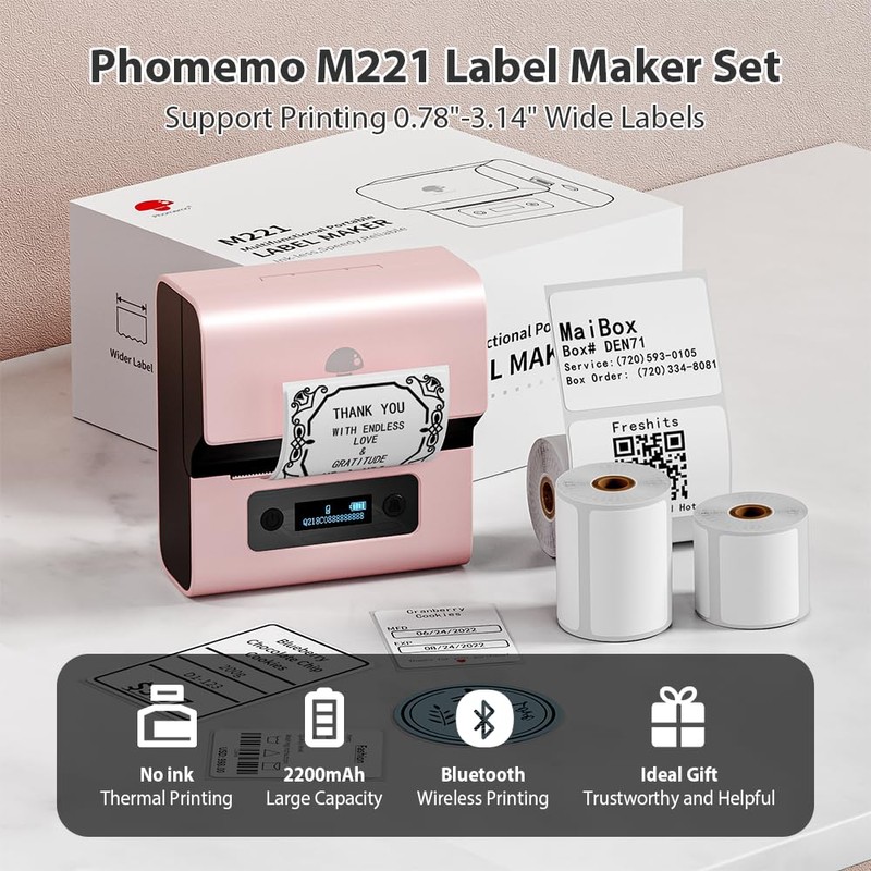Phomemo M221 Label Printer Set, Thermal Bluetooth Label Printer, Labelling