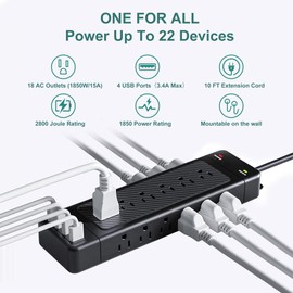 Power Strip Surge Protector, Yostyle Ultimate 18-Outlet with Smart USB Ports | Wall-Mountable Design | 10 Ft Heavy-Duty Extension Cord | Efficient Charging Station for All Your Devices