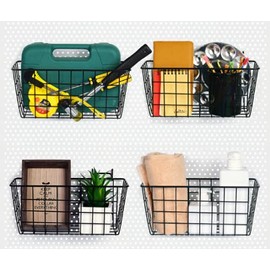 4 Pack Pegboard Baskets, Black Metal Shelves Hooks to 1/8" and 1/4" Hole Peg Boards, Peg Board Baskets Bins Set - Organize Tools Workbench Accessories Garage Storage Wall Mount Organizer Attachments