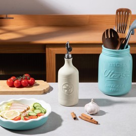 Sweejar 16 Oz Ceramic Olive Oil Dispenser Bottle, Oil Dispenser for Kitchen with Gravity Spout, Relief Opaque Oil Container for Evoo, Avocado Oil, Vinegar, Soy Sauce, 1 Pack(Beige, Silver Spout)