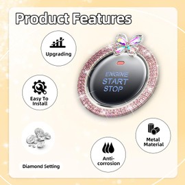 ALITTLEBYLIFE Rainbow Butterfly Car Bling Crystal Rhinestone Engine Start Ring Decals - Bling Car Interior Accessories for Women,Push Start Button Cover/Sticker,Key Ignition & Knob Bling Ring,Pink