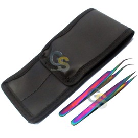 G.S Set of 2 Stainless Steel Multi Titanium Rainbow Color 3D Eyelash Extension Tweezers Straight + Strong Curved FINE Point Best Quality