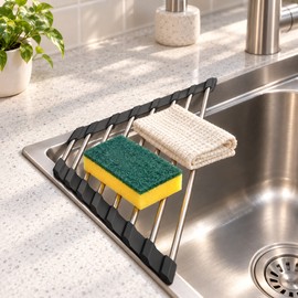 Triangle Sink Drying Rack for Kitchen Organization – Foldable Metal Corner Drainer for Sponges, Dishcloths and Small Kitchen Items