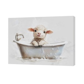 Rustic Bathroom Sheep Wall Art Farmhouse Sheep Baby In Bathtub Pictures Wall Decor Bathroom Animals Canvas Prints Painting Framed Artwork Decoration for Nursery Bedroom Toilet Restroom 16"x12"