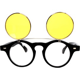 OWL Steampunk Retro Gothic Vintage Hippie Colored Metal Round Circle Frame Sunglasses Colored Lens (FlipUP_C5_Blk_Yellow, PC Lens)