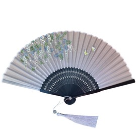 FANSOF.FANS Butterfly and flower Artwork Printed Premium Silk Fabric Handheld Folding Fan with Grade A Bamboo Ribs for Women Girls Birthday Wedding Favour With Tassel and Pouch (Beige)