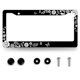 Black White Flowers and Butterfly License Plate Frame Floral License Plate Stainless Steel Funny Accessory Cars Decor for Women 12.2 X 6.2 Inch with 2 Holes and Screws Fits Standard Us Ca Vehicles
