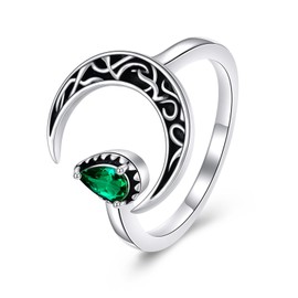 VONALA Moon Ring for Women Sterling Silver Crescent Moon Open Rings Adjustable Emerald Green Celtic Moon Ring Moon Jewelry Gift for Women Birthday Size 6-8