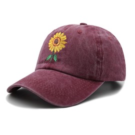Women's Sunflower Hat, Adjustable Embroidery Washed Embroidery Vintage Baseball Cap Red