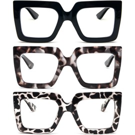 REAVEE 3 Pack Oversized Reading Glasses for Women Large Frame Extra Wide, Blue Light Blocking Readers Stylish Square Thick Eyewear,Black+Black Leopard+Clear Leopard, 2.75