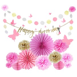 [GREE] Garland, Pom Pom Flowers, Birthday Christmas Decoration Set, Paper Fan (Pink x Gold)