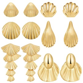 NEWITIN 6 Pairs Gold Earrings for Women Hypoallergenic Statement Earring 14K Gold Plated Dangle Earring Lightweight Chunky Seashell Stud Earrings Set for Women