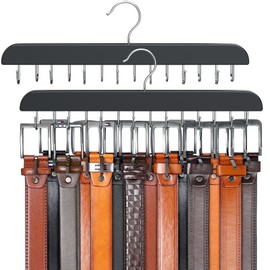Resovo Belt Hanger for Closet Max 42 Belts, Belt Organizer Closet Accessories with 14 Hooks Belt Rack Sturdy Wood for Closet Organizers and Storage- 2 Pack Black