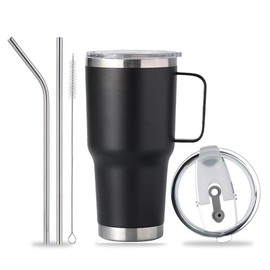 FRAGSCEN 30 OZ Insulated Tumblers with Lid and Straw, 304 Stainless Steel Tumbler with Handle, Double Wall Vacuum Travel Mug, Leakproof Water Bottle, Black