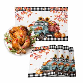 Fall Placemats Set of 6, Harvest Pumpkin Truck Placemat for Dining Table Decor, Cotton Linen Autumn Place Mats, Sunflower Maple Leaf Black Plaid Table Mats for Kitchen Dinner Harvest Thanksgiving