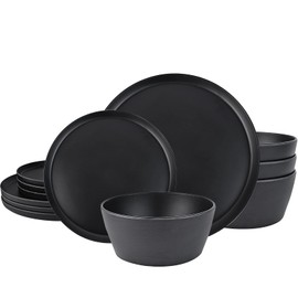 afcevnlb 12-Piece Plastic Dinnerware Set Plates and Bowls Sets Service for 4 Matte Black Melamine Plates Unbreakable Plastic Outdoor Camping Dishes Decor Dishwasher Safe
