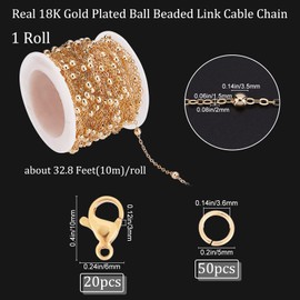 Beebeecraft 32.8Feet/10M 18K Gold Plated Chains for Jewelry Making 4mm Ball Beaded Cable Chain Necklace Spool Bulk with 20 Lobster Clasps and 20 Jump Rings for Jewelry Making