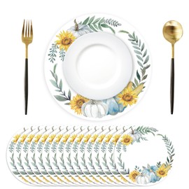 50PCS Fall Placemats Blue Pumpkin Leaves Paper Placemats Disposable 13.7 Inch Round Thanksgiving Place Mats Autumn Harvest Decorative Table Mats for Farmhouse Home Party Kitchen Dining Table Decor