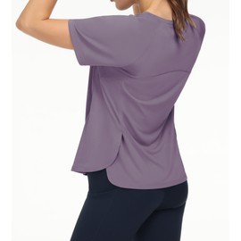 THE GYM PEOPLE Women's Short Sleeve Workout Shirts Breathable Yoga T-Shirts with Side Slits Athletic Tee Tops Grey Purple