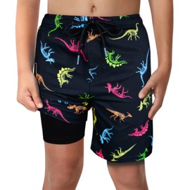Toddler Boys Dino Fossil Swim Trunks with Boxer Brief Liner Anti Chafe No Mesh Swimming Shorts Compression Lined 4-Way Stretchy UPF Quick Dry Swimsuit Dinosaur Size 5T 5-6