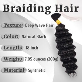 18 Inch Boho Hair for Braiding Deep Water Wave Bulk Knotless Curly Braiding Hair Braids 2 Bundles 200g Soft No Weft Wet and Wavy Hair Extensions Natural Black