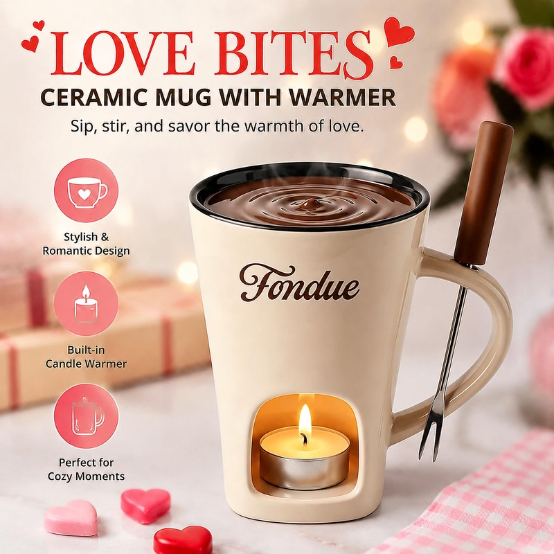 Ceramic Chocolate Fondue Mug Set with Dipping Fork, Mini Tea