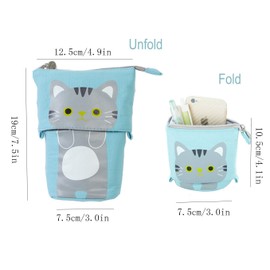 Ytuomzi Telescopic Pencil Pouch Standing Pen Holder Cute Pencil Bags Stand Up Pen Case Cartoon Pencil/Pens Storage Box Canvas+PU Stationery Organizer Makeup Bag with Zipper Closure (Blue)
