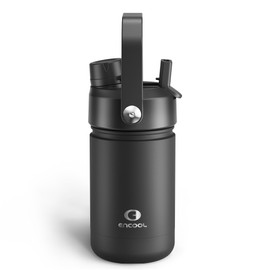 Kids Insualated Water Bottle with Straw - 12oz Stainless Steel Water Bottle with Dual Spouts, Leak-Proof, BPA-Free, Double Wall Vacuum Keeps Cold for 24 Hours for Sports, Travel, School (Black Night)