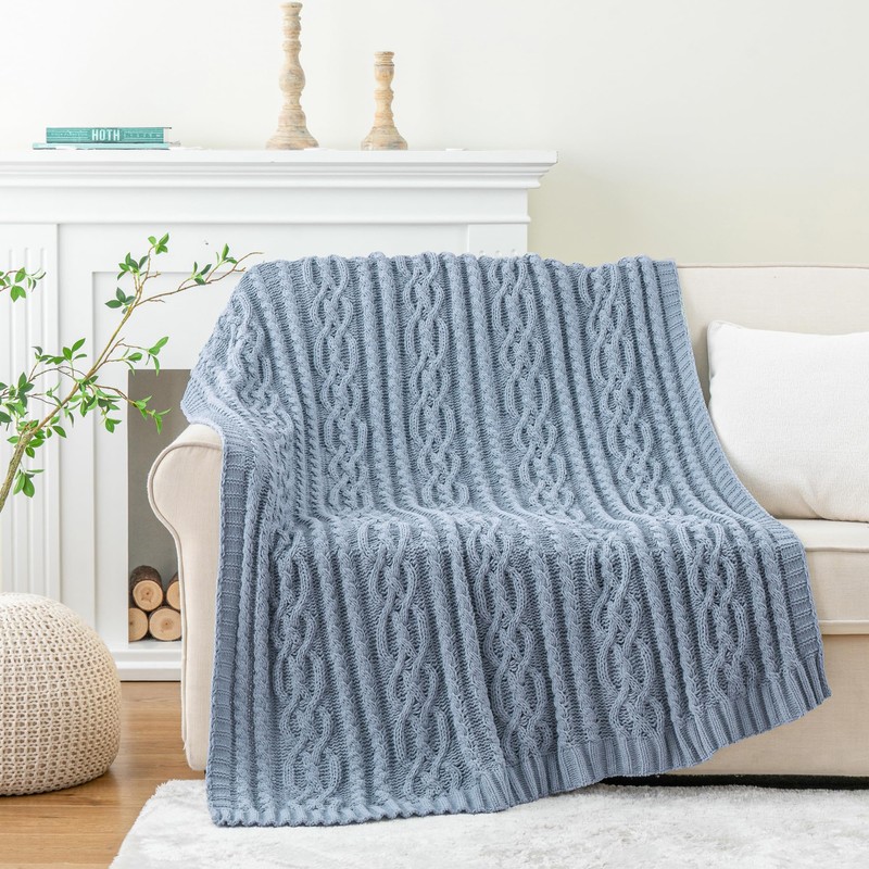 Battilo Bluish Grey Throw Blanket for Couch, Woven Chenille Blue