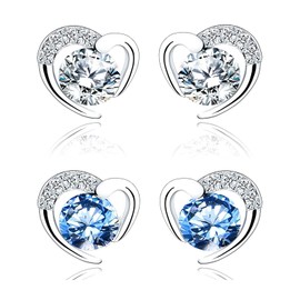 Silver Stud Earrings for Women, Stud Earrings White Gold Blue Cubic Zirconia Heart Studs│Dainty Earrings Jewellery Gifts for Girls 2 Pairs