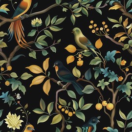 PODUFF Clearance Moody Wallpaper Peel and Stick, William Morris Vintage Black Wallpaper for Home Decor, Dark/Black, 17.7in x 236in